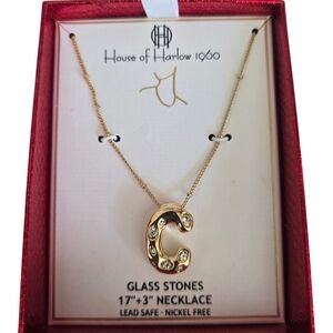 House of Harlow 1960 Initial C Gold Rhinestone Necklace 17"